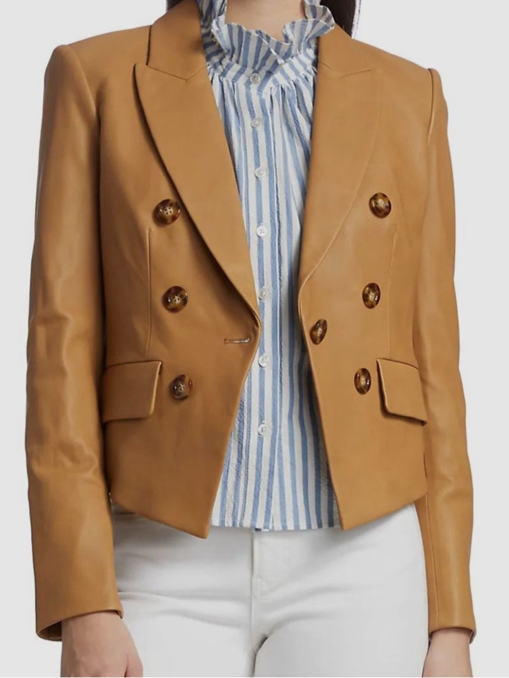 Veronica Beard Double-Breasted Camel Leather Blazer